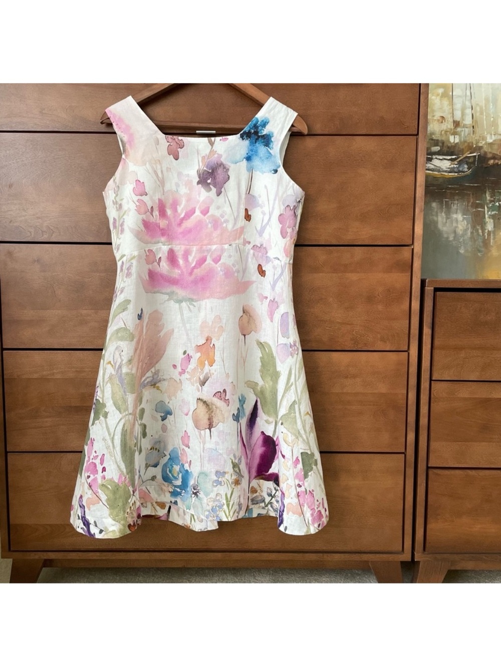 Dolcezza Linen Floral Art Midi Dress Small Watercolor Button Front Whimsical - Picture 8 of 13